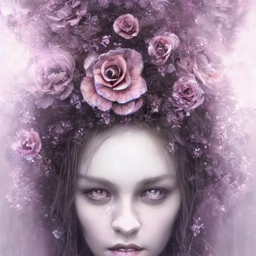 Image similar to a gorgeous flower princess portrait by Seb McKinnon, artgerm , v-ray render, ultra realistic, mystical, ominous, cgsociety