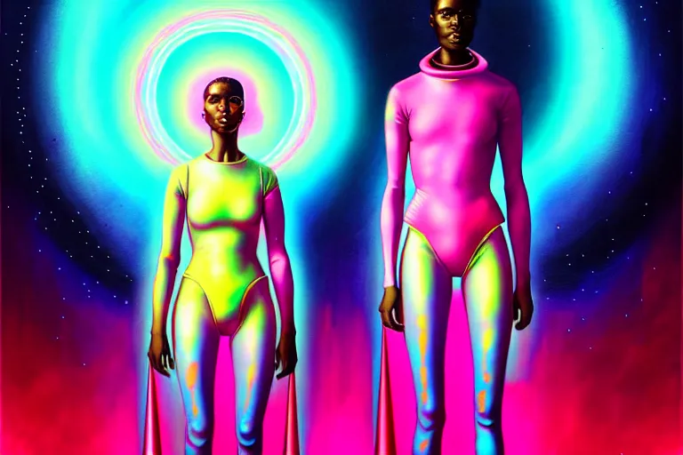 Image similar to patron saint of 🛸🌈👩🏾, futuristic clothing, pink background, warped gravity, neon god of city character portrait, in the style of moebius, wlop, tom bagshaw, and waterhouse, cinematic lighting, beautiful, elegant, oil painting,