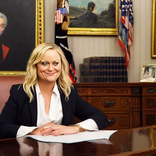 Image similar to oil painting of Amy Poehler sitting at the resolute desk in the oval office