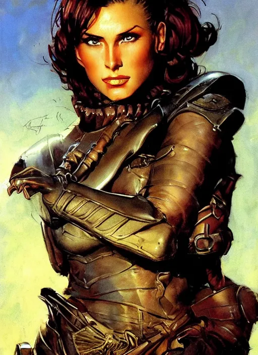 Image similar to portrait of strong female ranger, beautiful! coherent! by frank frazetta, by brom, strong line, deep color, leather armor, short buzzed hair, high contrast