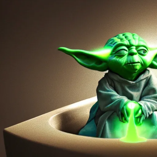 Image similar to yoda sitting on a toilet, octane render