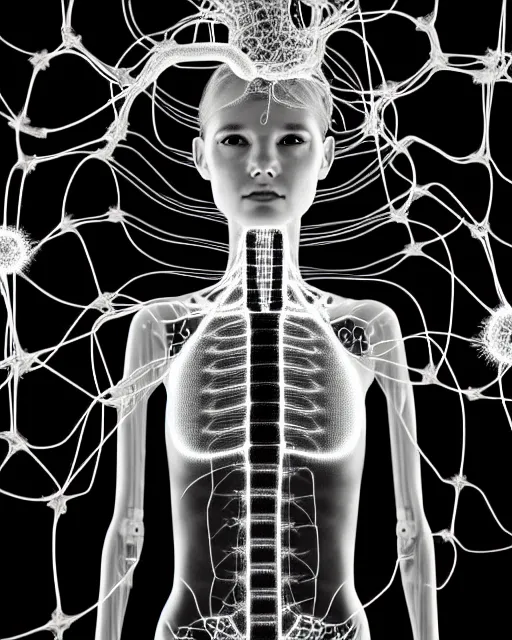 Image similar to black and white cyborg - plant goddess high quality photo, microchip, artificial intelligence, bio - mechanical bio - luminescence, black wired cables, neurons, nerve cells, cinematic, rim light, photo - realistic, high detail, 8 k, masterpiece, high fashion, in the style of dora maar