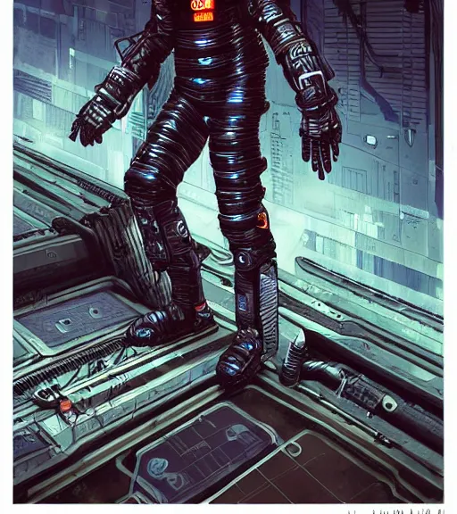 Image similar to cyberpunk engineer with long limbs and a black spacesuit on a spacewalk, dead space, Industrial Scifi, detailed illustration, character portrait, by Martin Grip and Moebius