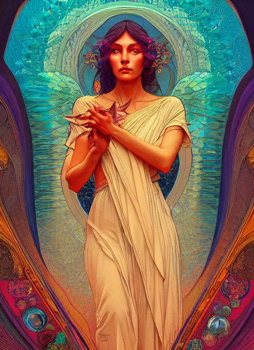 Image similar to minerva the goddess of mysteries, path traced, octane render, highly detailed, high quality, digital painting, hd, alena aenami and artgerm, karol bak, alphonse mucha, tom bagshaw