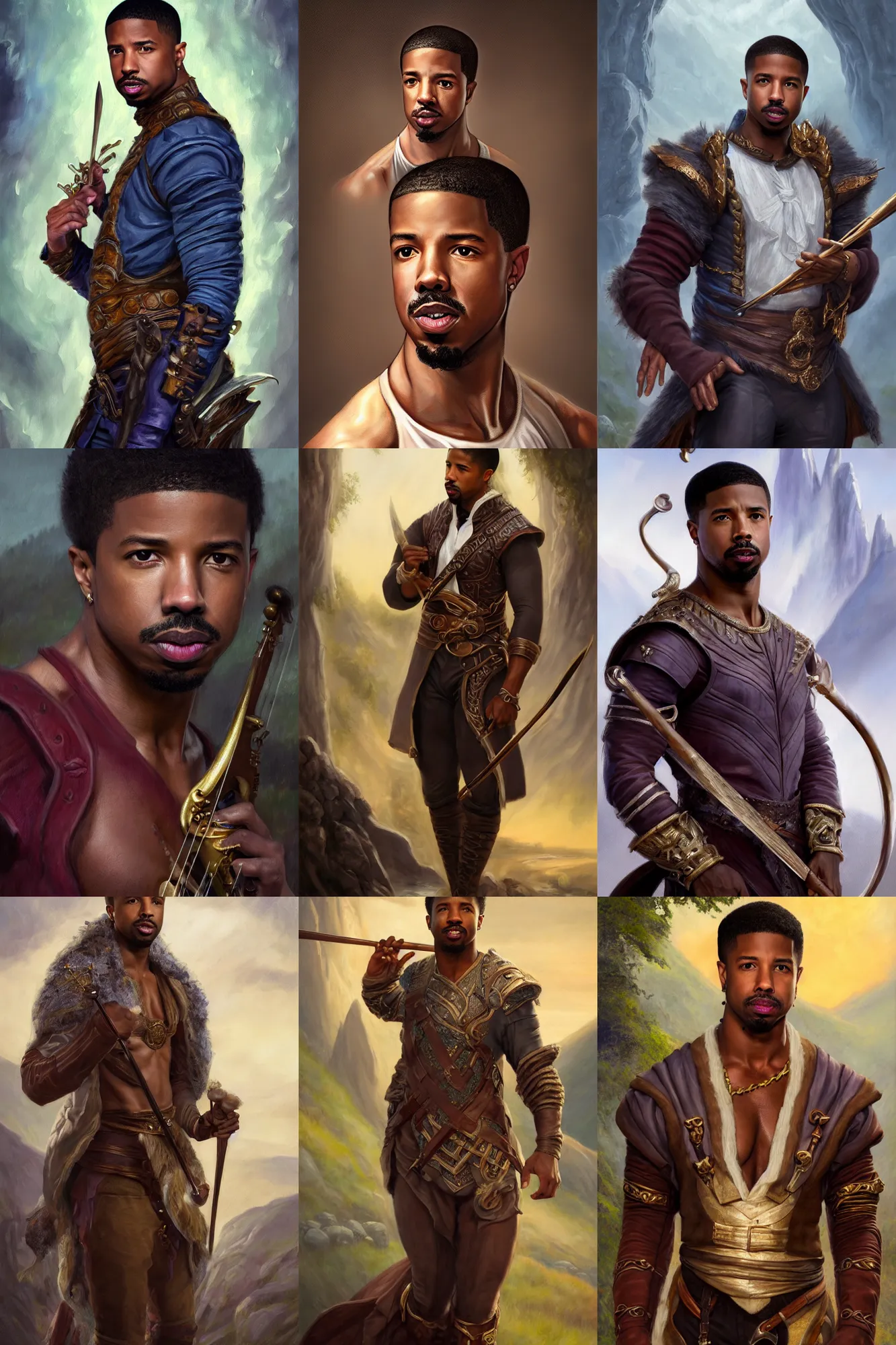 Image similar to a full body high detail fantasy portrait oil painting illustration of michael b. jordan as an elegant male bard by justin sweet with face and body clearly visible, in a scenic background, pupils visible, realistic proportions, d & d, rpg, forgotten realms, artstation trending, high quality, sombre mood, artstation trending, muted colours, entire person visible!