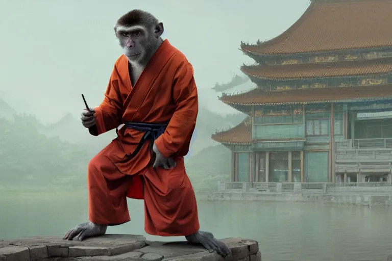 Image similar to A MONKEY dressed as a shaolin monk, standing in front of an ancient chinese palace, cinematic lighting, artstation, greg rutkowski