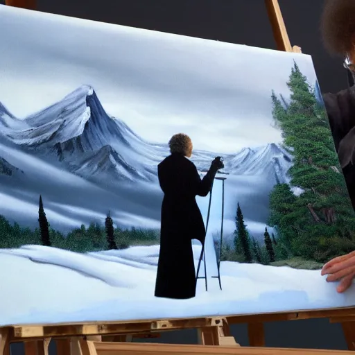 Image similar to a closeup photorealistic photograph of bob ross working on a canvas painting of darth vader. film still. brightly lit scene. mountains and trees. this 4 k hd image is trending on artstation, featured on behance, well - rendered, extra crisp, features intricate detail, epic composition and the style of unreal engine.