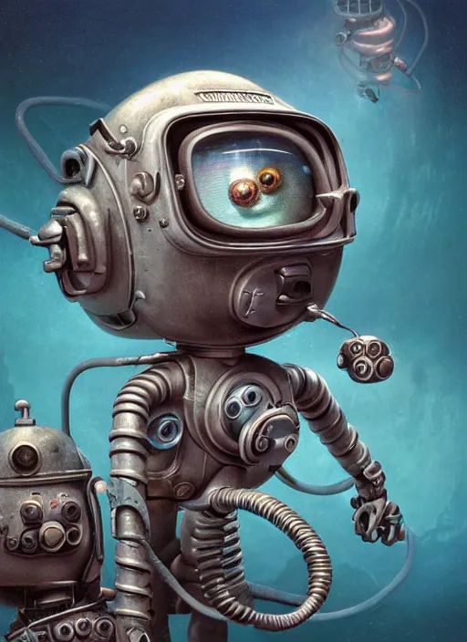 Prompt: highly detailed closeup, portrait of a retro robot deep sea diving, unreal engine, nicoletta ceccoli, mark ryden, earl norem, lostfish, global illumination, detailed and intricate environment