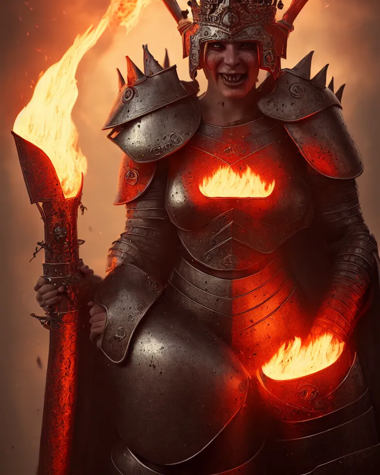 Image similar to epic portrait of female orc in plate armour and crown of fire by cleavanger and elvgren epic awesome gorgeous symmetrical perfect octane vfx maya render realistic