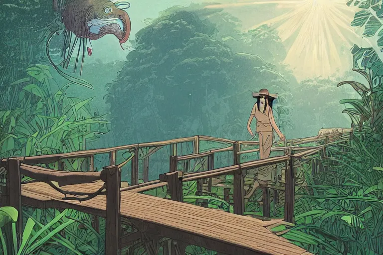 Prompt: a young indiana jones on a wooden bridge entering a vast jungle with a distant clearing, half hidden balinese monster statue, white parrots flying, banana trees, beautiful large flowers, god rays light. very graphic illustration by moebius and victo ngai, ghibli spirited away vibe, dynamic lighting, night mood