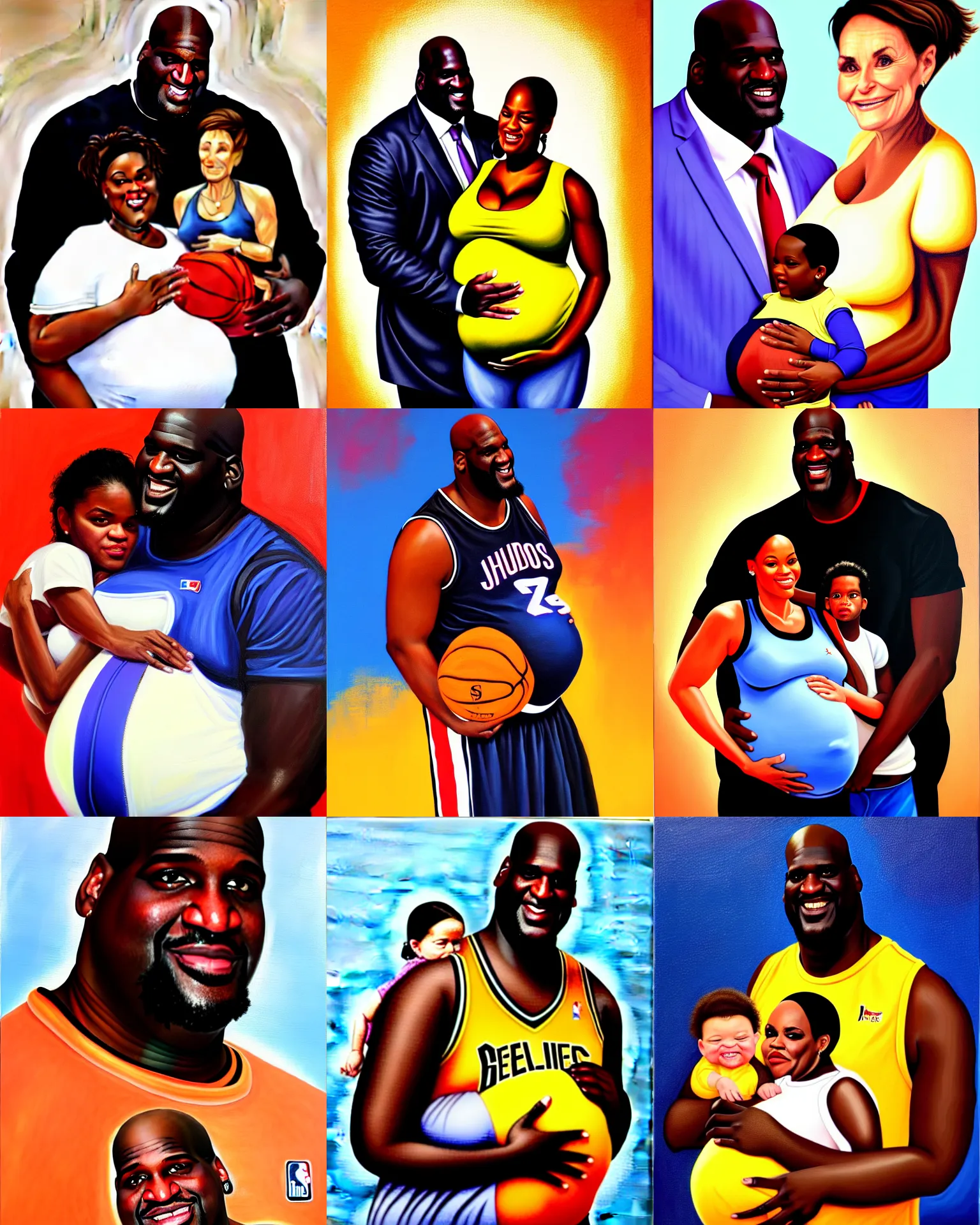 Prompt: shaquille o'neil pregnant, shaquille o'neil holding his pregnant stomach, shaquile o'neil pregnant, shaquille o'neil embracing judge judy, oil on canvas, trending on artstation, digital art