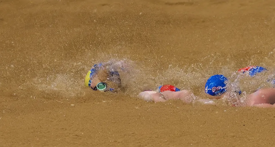 Image similar to olympic swimming in sand instead of water, extremely coherent, motion blur