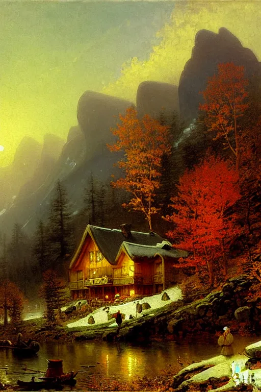 Image similar to detailed painting of a a mountain lodge in the autumn season, filigree ornaments, andreas achenbach