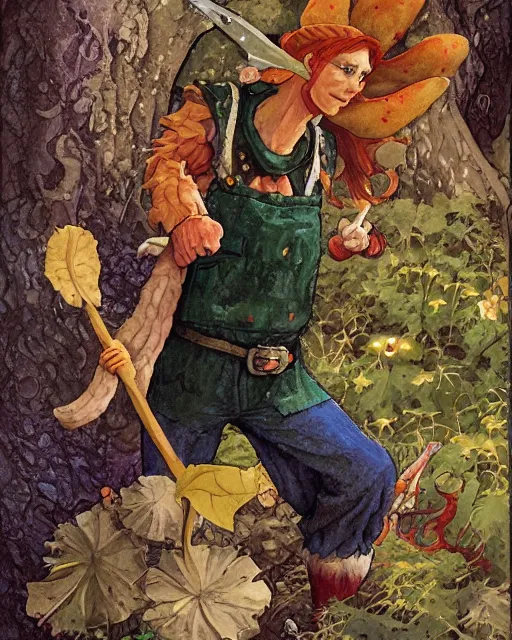 Prompt: moonshine cybin hirsute epic level dnd crick elf spore druid, wielding a magical sword, wearing magical overalls. covered in various fungi. full character concept art, realistic, high detail digital gouache painting by angus mcbride and michael whelan and jeffrey jones.