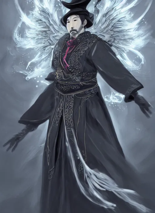 Prompt: a highly detailed illustration of mustached japanese man as wizard wearing ornate black robe and mage hat, dramatic floating pose, with divine guardian angel floating behind him, perfect face, intricate, elegant, highly detailed, centered, digital painting, artstation, concept art, smooth, sharp focus, league of legends concept art, WLOP