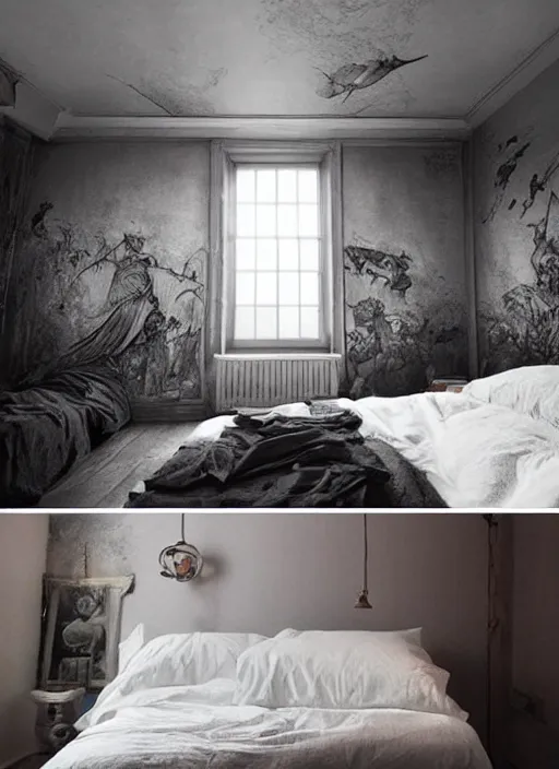 Prompt: a dreary bedroom, but above the bed are fantastical scenes of dreams, dreams invading mundane spaces, fantasy infiltrating reality, bubbles of the impossible, 8k, ultradetailed, illustrated by Greg Rutkowski and Caspar David Friedrich.