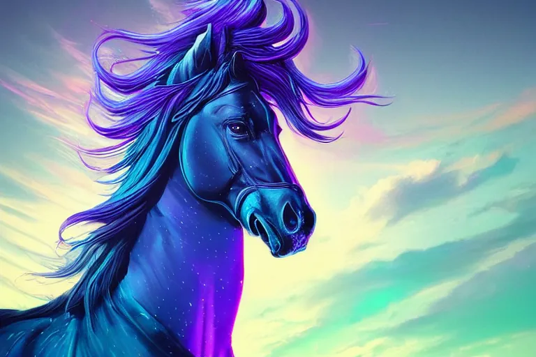 Image similar to a stunning horse with bioluminescent mane and tail running in the clouds by sandra chevrier and greg rutkowski, neon hooves, purple blue color scheme, vaporware, retro, outrun, high key lighting, volumetric light, digital art, highly detailed, fine detail, intricate, ornate, complex, octane render, unreal engine, photorealistic