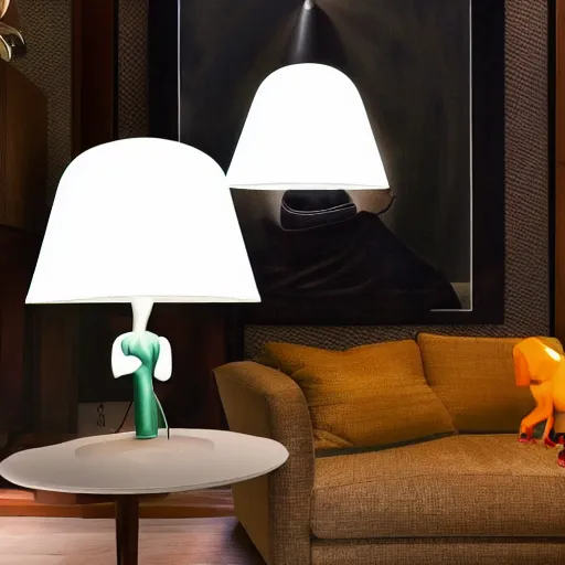 Prompt: a large lamp, shaped as a 3d beagle puppy head, placed in a large living room, art designers magazine HD photo superrealism 3d 8k resolution