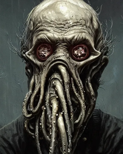 Image similar to a wendigo with gasmask old man | | elderly - face, wrinkled face, realistic shaded perfect face, fine details. anime. tentacles, cthulu, eldritch abomination, dunwitch horror, realistic shaded lighting poster by greg rutkowski, magali villeneuve, artgerm, jeremy lipkin and michael garmash and rob rey