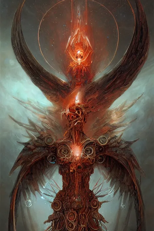 Prompt: Biomechanical Angel of Fire, beautiful, fantasy, magic, digital art by Seb Mckinnon and Peter Mohrbacher, professional illustration