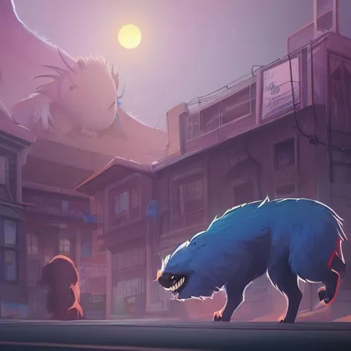 Image similar to giant monstrous aggressive furry creature lurking over a cowering smaller creature, in the foreground a small town, epic science fiction art, clean cel shaded vector art. shutterstock. behance hd by lois van baarle, artgerm, helen huang, by makoto shinkai and ilya kuvshinov, rossdraws, illustration
