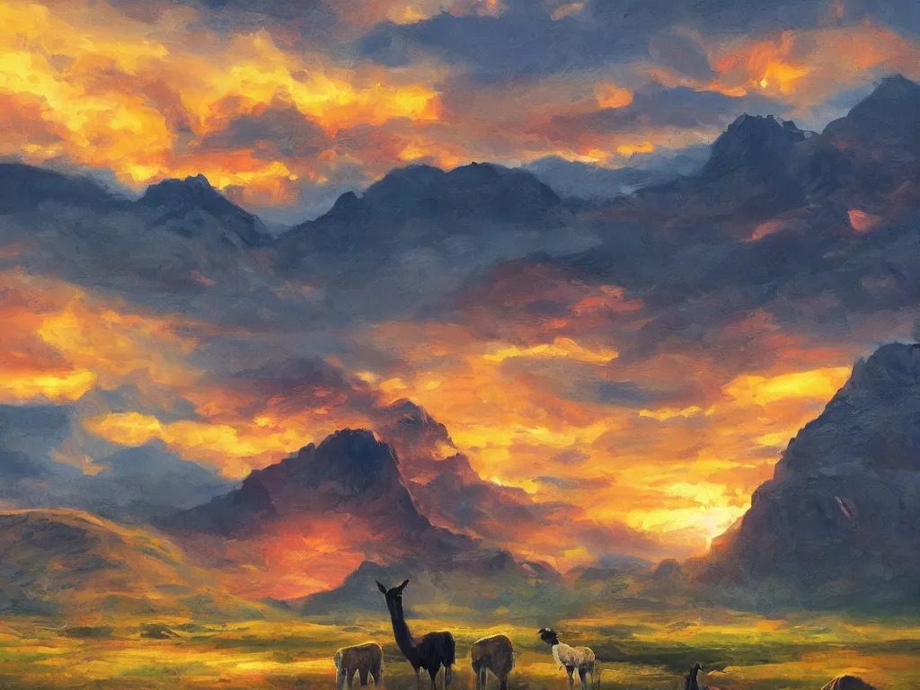 Prompt: bored llama acrylic sunset mountain landscape artstation