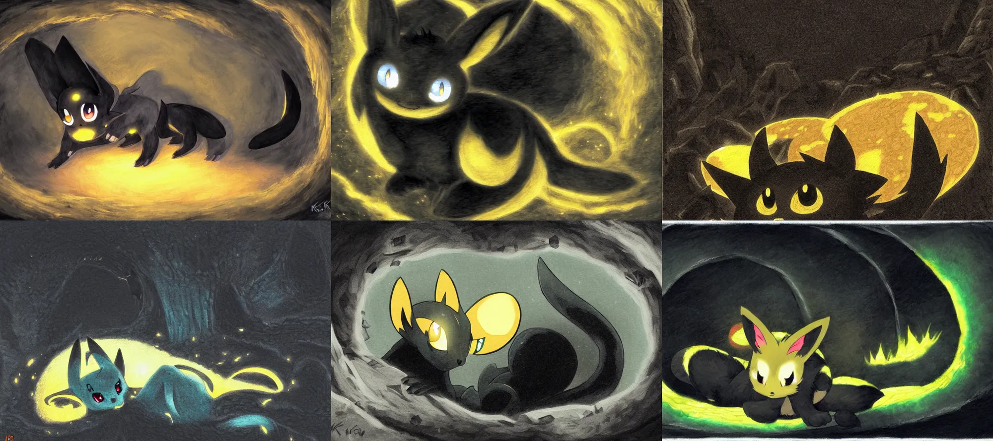 Prompt: an umbreon character laying down on the ground in a cave entrance, a painting by ken sugimori, featured on deviantart, furry art, dark and mysterious, dark, black background