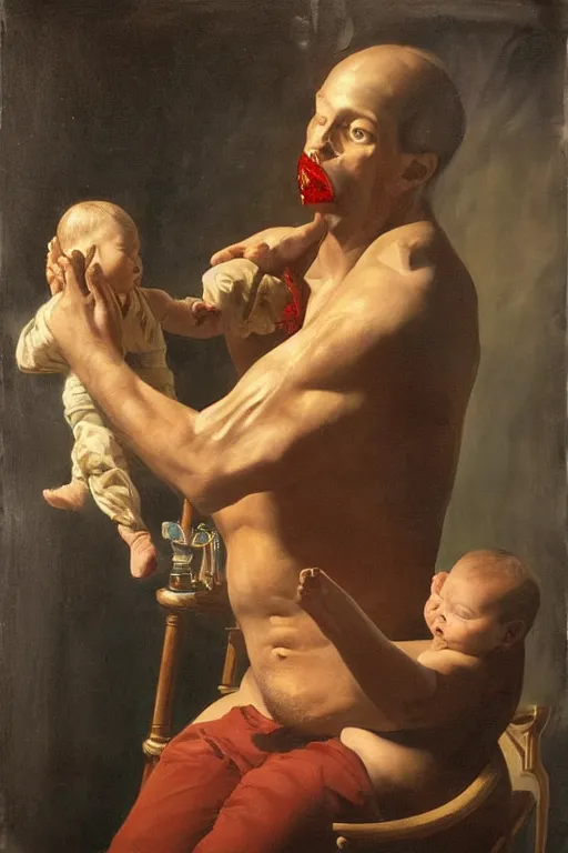 Prompt: hyperrealistic oil painting of a handsome man sitting on a high backed throne with tubes coming out of his arm, stealing blood from a baby in the background. dark. masterpiece