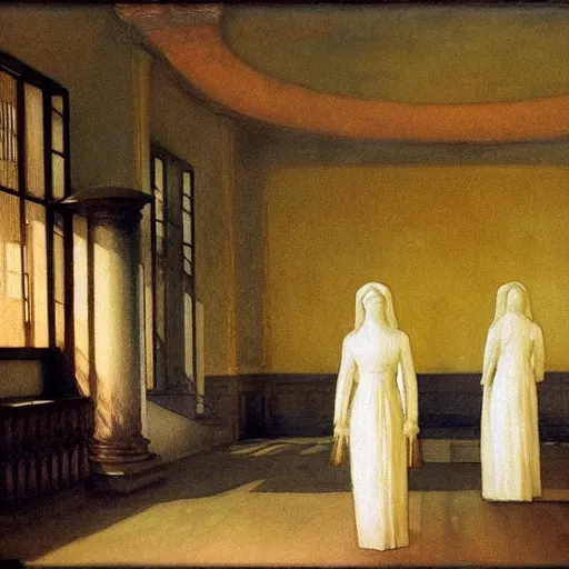 Image similar to procession of ivory golden women in a soviet abandoned temple, dripping watercolor by hammershøi, highly detailed, art nouveau wallpaper, lights by edward hopper, liminal, eerie, pastel colors, limited palette