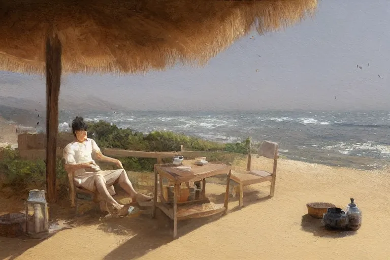 Image similar to a painting of a man sitting down and having a cup of tea in his house by the beach, by greg rutkowski, muted colors