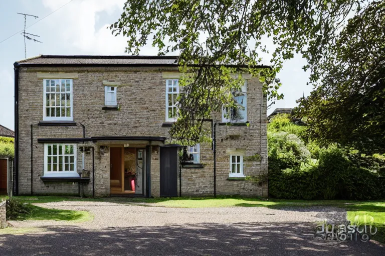 Prompt: cyberpunk, an estate agent listing photo, external view of a 5 bedroom detached countryside house in the UK, summer, sunny day, by Takashi Murakami