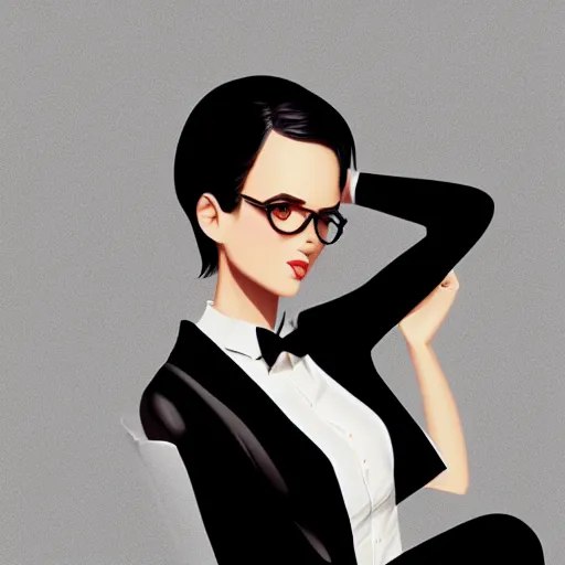 Image similar to slim girl in black tuxedo, corporate boss, luxury, 2d, ultra highly detailed, smooth, sharp focus, digital art, digital painting, fan art, elegant, artstation, by Ilya Kuvshinov