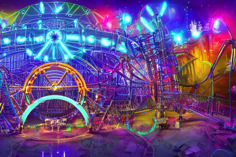 Image similar to an outdoor festival stage, neon letters tripmachine, center of the stage is a big futuristic steampunk generator with gears and belts and tubes, surrounded by a rollercoaster with a steam train, rock musicians on the stage, laser show, 8 k, fluorescent colors, halluzinogenic, multicolored, exaggerated detailed, unreal engine