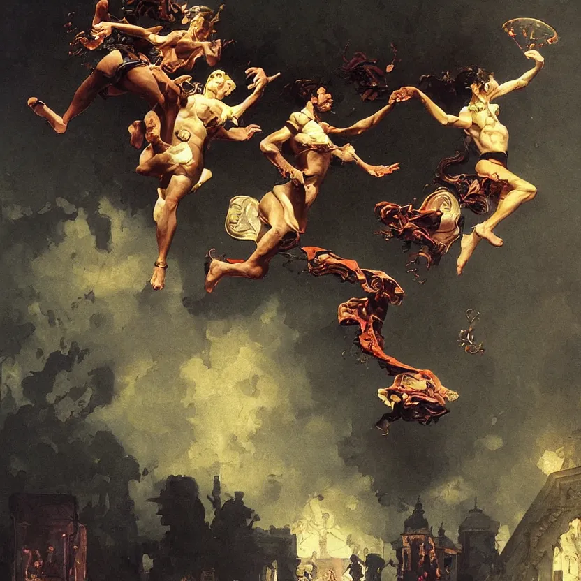 Prompt: a baroque neoclassicist close - up painting of people jumping out of picture frames. reflective detailed textures. glowing colorful fog, dark grey background. highly detailed fantasy science fiction painting by moebius, norman rockwell, frank frazetta, and syd mead. rich colors, high contrast. artstation