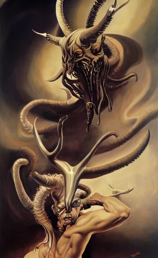 Prompt: a painting of a demon with large horns, an airbrush painting by Terry Oakes, by Caravaggio, by Boris Vallejo, cgsociety, cobra, lovecraftian, hyper realism, oil on canvas