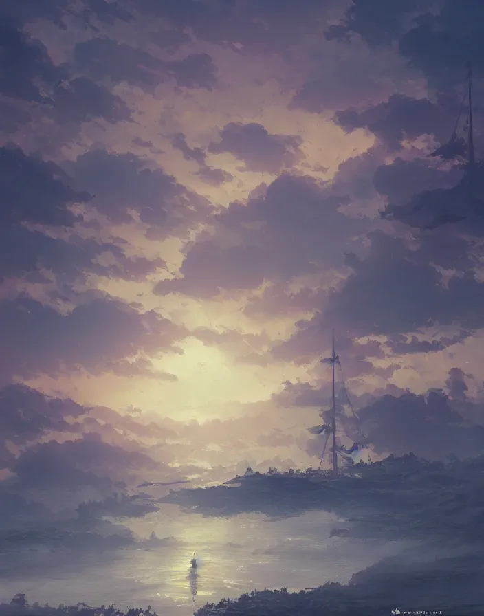 Prompt: ships passing in the night, environment concept art, daytime ethereal anime, high detail Impressionist style, dreamy light color palette, style of studio ghibli and moebius, concept art stunning atmosphere, trending on artstation, volumetric light