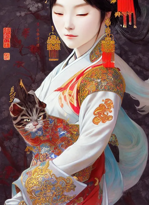 Prompt: portrait of a beautiful nekomimi, decorated with chinese opera motifs, royal, fine china, wuxia, traditional chinese art intricate intense elegant highly detailed digital painting artstation concept art smooth sharp focus illustration, art by ruan jia and zeen chin and alphonse mucha, 8 k