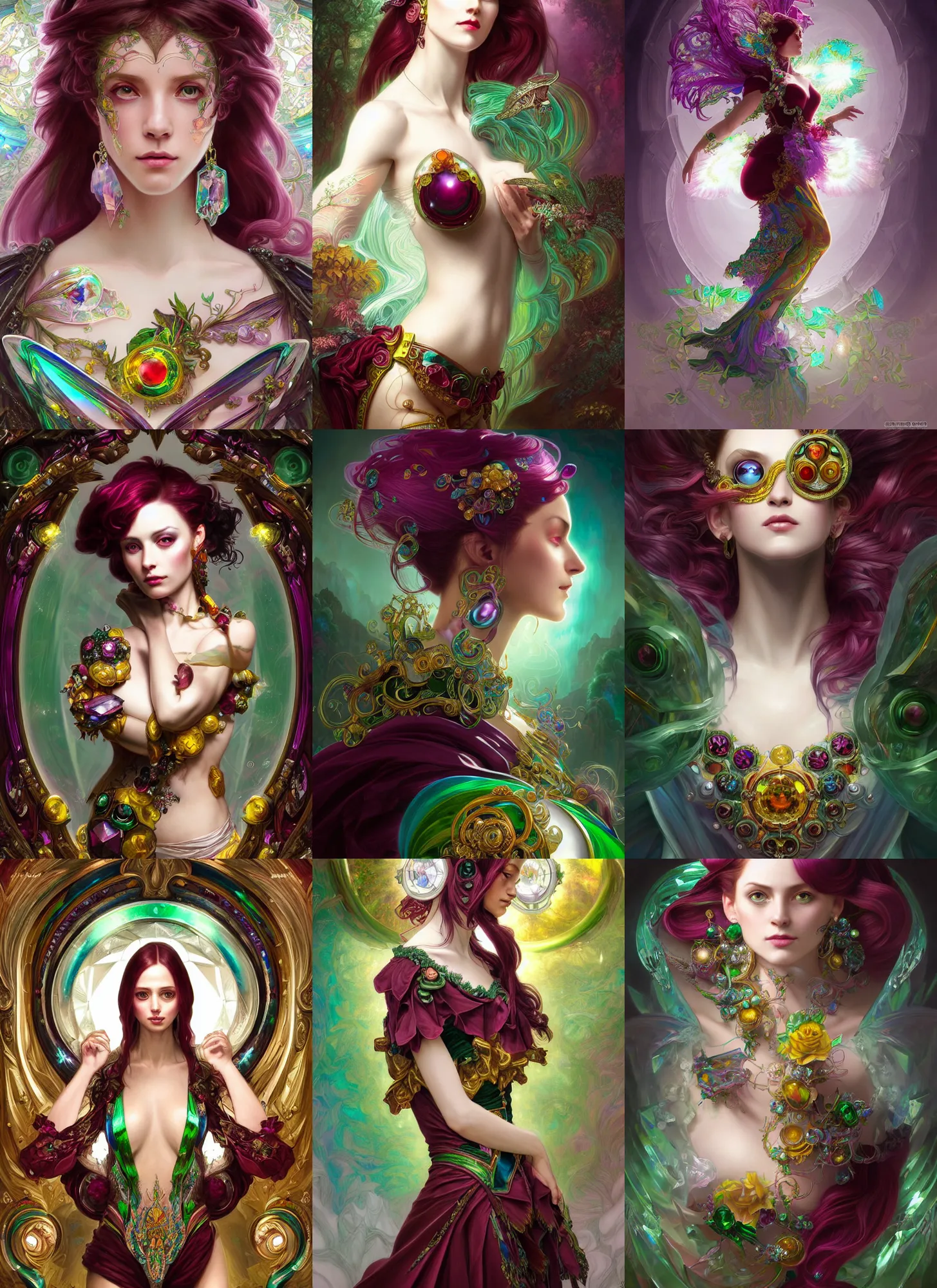 Prompt: ecopunk rococo, iridescent diaphanous refractive and reflective crystal crystalline pearly, burgundy and emerald and white and yellow topaz colors, fantasy, intricate, elegant, highly detailed, digital painting, artstation, concept art, matte, sharp focus, illustration, hearthstone, art by artgerm and greg rutkowski and alphonse mucha