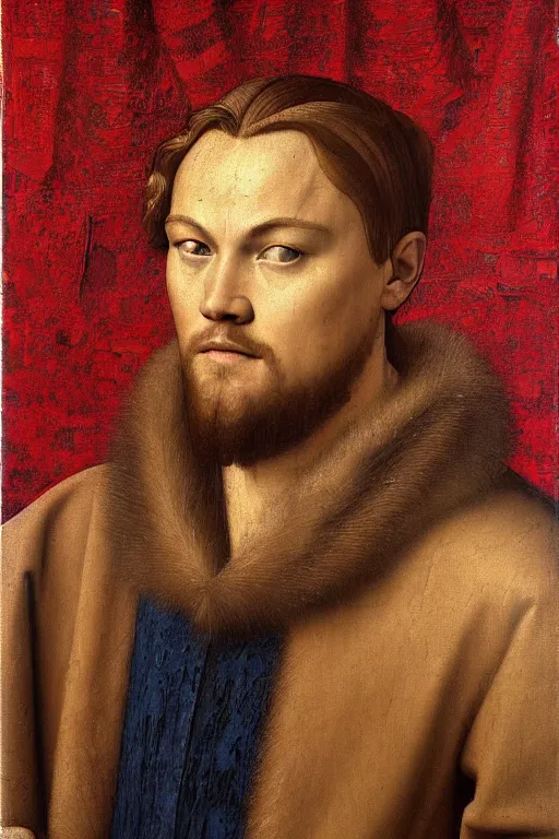 Image similar to 1 4 0 0 s renaissance portrait of leonardo dicaprio oil painting by jan van eyck, northern renaissance art, oil on canvas, wet - on - wet technique, realistic, expressive emotions, intricate textures, illusionistic detail