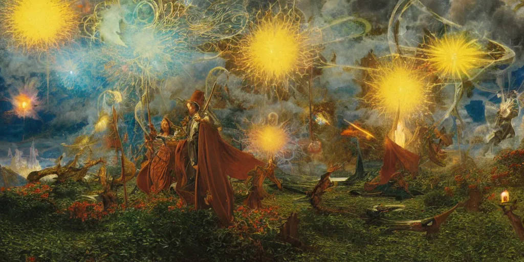 Prompt: magical tarot cards floating in the midst of magical explosions, intricate details, epic scale, 8 k, sharp focus, by caspar friedrich, albert bierstadt, james gurney, brian froud,