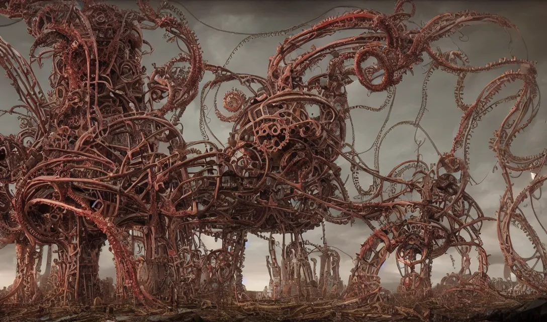 Prompt: lovecraftian biomechanical machine-tower with fleshy tendrils and eyeball at top overlooking dystopian wasteland, highly detailed, colorful with red hues