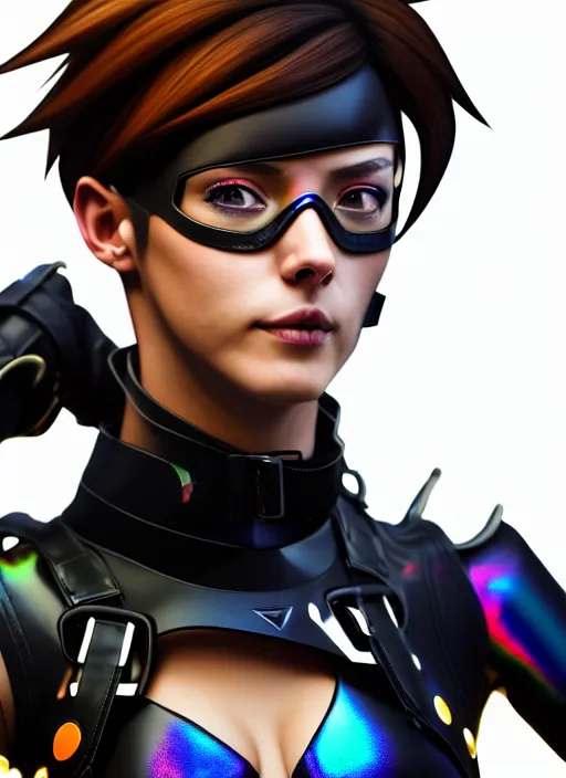 Image similar to hyperrealistic style portrait digital artwork of tracer overwatch, confident pose, wearing black iridescent rainbow latex, 4 k, expressive happy smug expression, makeup, in style of mark arian, wearing detailed black leather collar, wearing sleek armor, black leather harness, expressive detailed face and eyes,