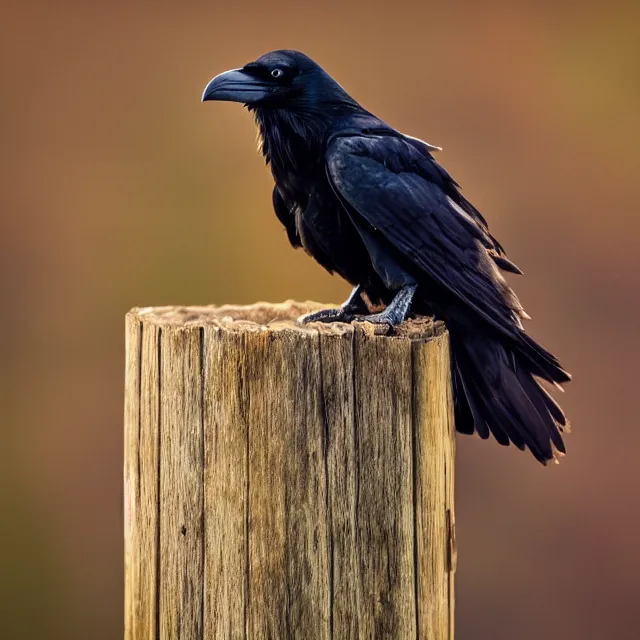 Prompt: a raven on a fence post, nature photography, wildlife photography canon, sony, nikon, olympus, 4 k, hd, 1 0 0 mm, depth of field, golden hour