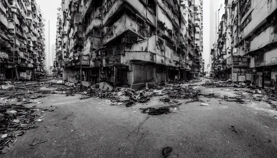 Prompt: streets of Hong Kong, empty, destroyed, left to ruins, creepy, dark, gritty, horror, plant overgrowth