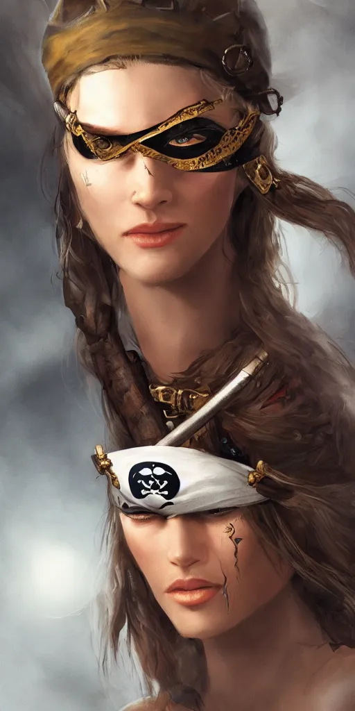 Prompt: Pirate Queen wearing an eyepatch, close-up, highly detailed, high quality, fantasy concept art, soft lighting