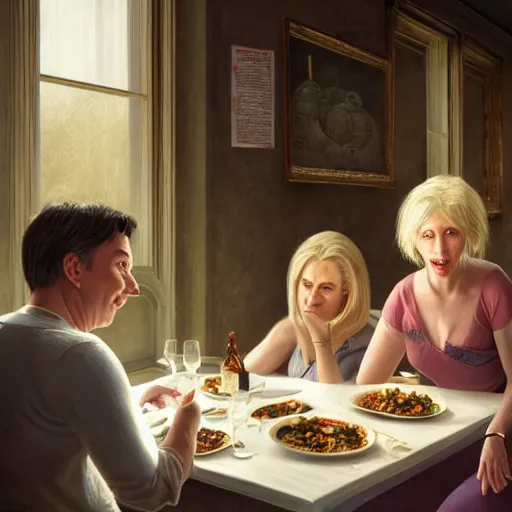 Image similar to michael mcintyre and middle aged blonde woman with short hair and a blonde woman with long hair having dinner at sunday in brooklyn, anatomy, bathed in light, highly detailed, photorealistic, artstation, smooth, sharp focus, illustration, unreal engine 5, 8 k, art by artgerm and greg rutkowski and edgar maxence