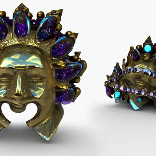 Image similar to many - sided gemstone that shaped like a face wearing a crown, 3 d render