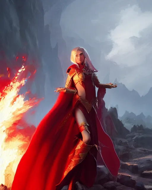 Prompt: character portrait of a female elf priest in a scale mail and a red cape casting a fire spell in a shape of a dragon, by greg rutkowski, trending on artstation, unreal engine 4 k, 8 0 mm, 8 5 mm, cinematic wallpaper