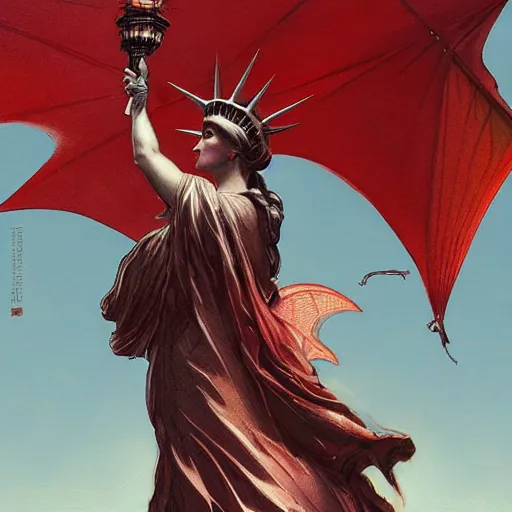 Image similar to Lady Liberty riding the red dragon of china, highly detailed, digital painting, artstation, concept art, smooth, sharp focus, illustration, art by artgerm and greg rutkowski and alphonse mucha