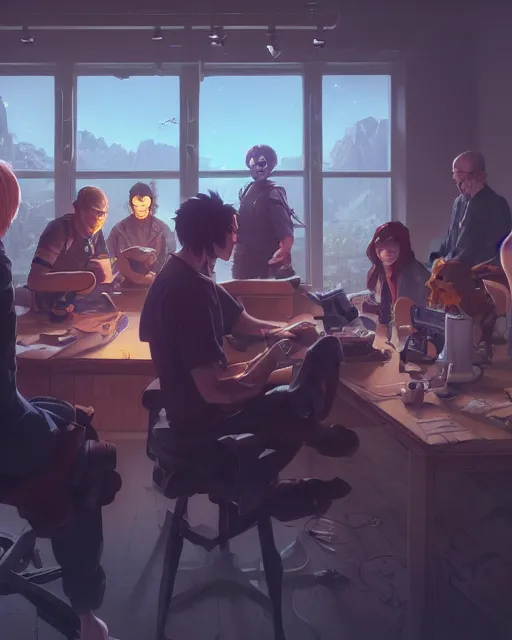 Image similar to highly detailed vfx group portrait of man with a mission, stephen bliss, unreal engine, greg rutkowski, loish, rhads, beeple, makoto shinkai and lois van baarle, ilya kuvshinov, rossdraws, tom bagshaw, alphonse mucha, global illumination, detailed and intricate environment